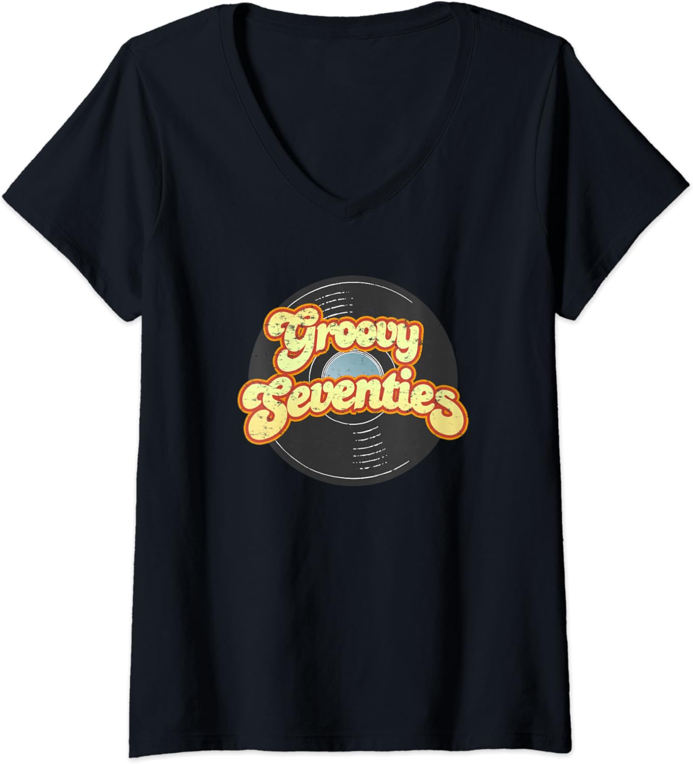 Damen Groovy 70er Jahre Vinyl Retro Vintage TShirt mit VAusschnitt Amazon.de Fashion Damen Groovy 70er Jahre Vinyl Retro Vintage TShirt mit VAusschnitt Amazon.de Fashion